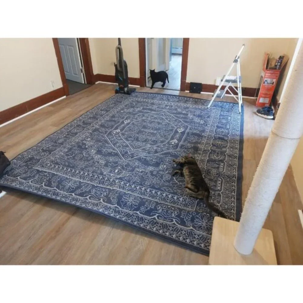 New 8x10 Adirondack Area Rug, Navy Ivory Oriental Medallion, Non-Shedding Carpet